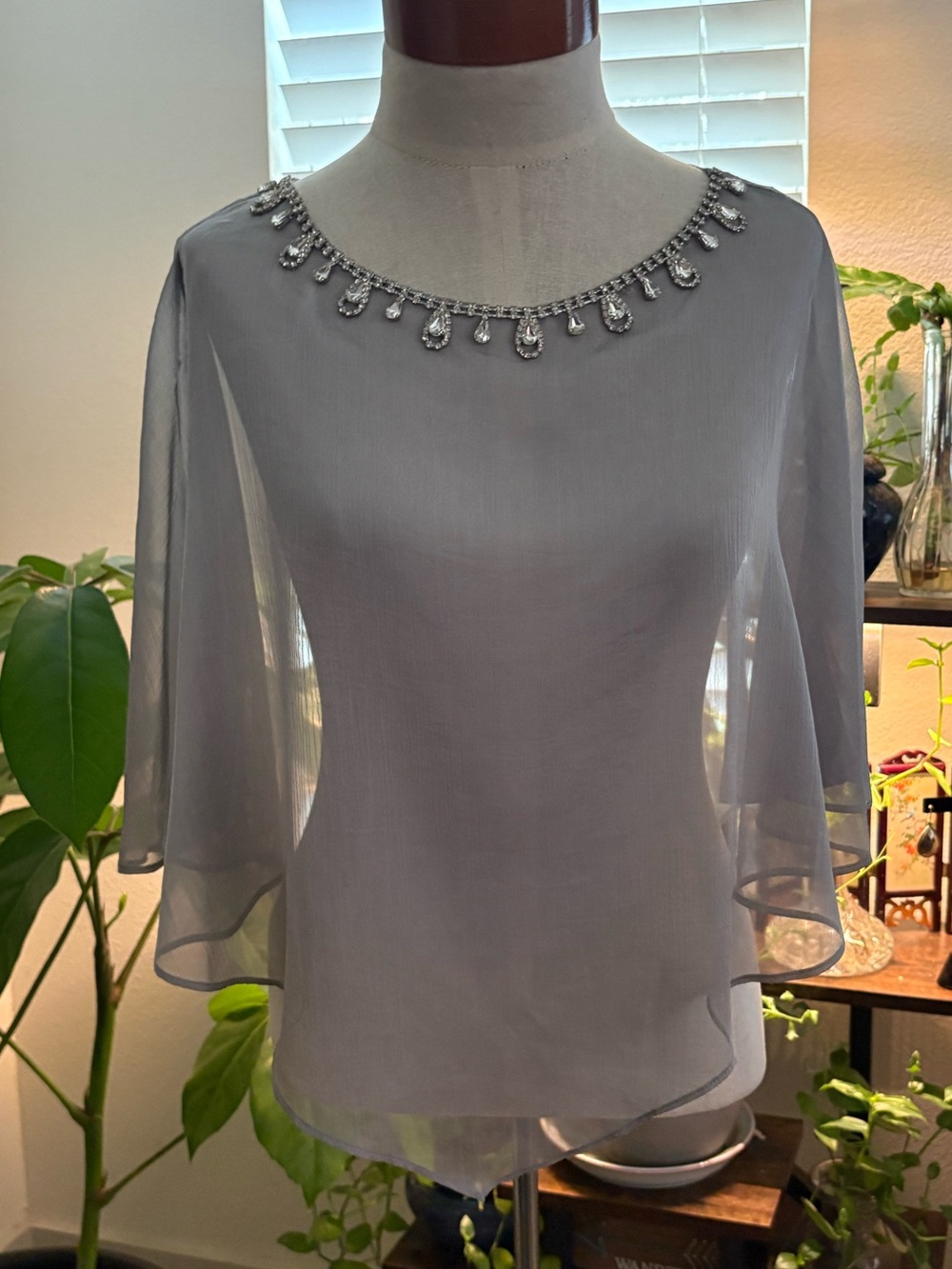 Embellished Sheer Cape-Sleeve Blouse in Light Gray Silver Dress Topper M-L GUC